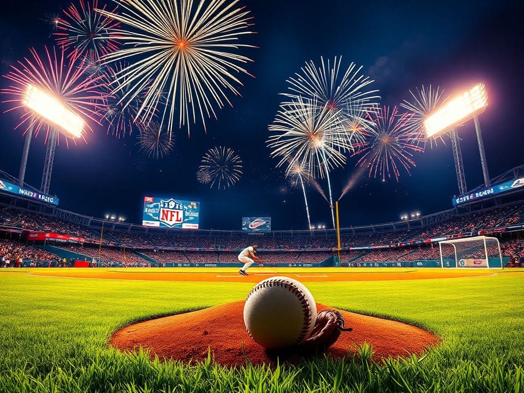 Flick International A vibrant baseball stadium at night filled with excitement and fireworks celebrating a World Series victory.