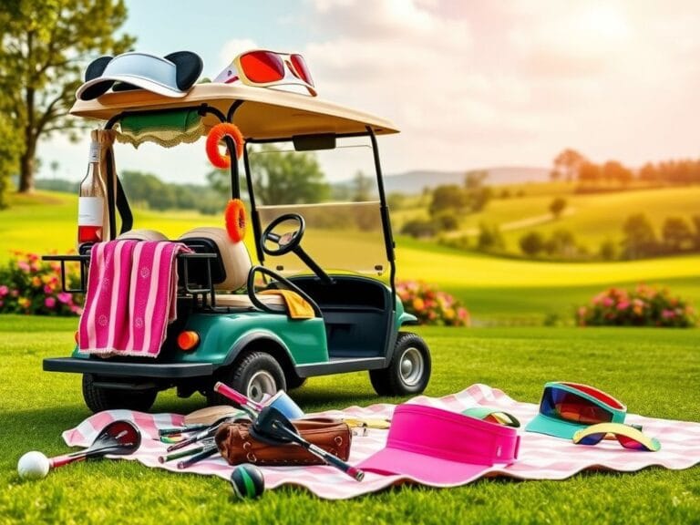 Flick International Whimsical golf cart with comical accessories in a vibrant outdoor scene