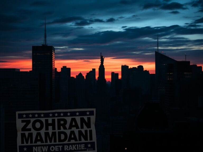 Flick International Twilight skyline of New York City with a vintage Zohran Mamdani campaign poster