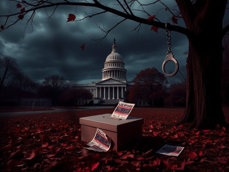 Flick International A shattered ballot box surrounded by fallen leaves, symbolizing political turmoil in Virginia.
