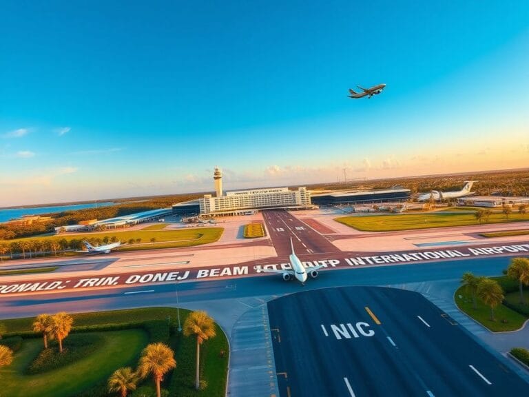 Flick International Aerial view of Palm Beach International Airport with signage for 'Donald J. Trump International' and Mar-a-Lago in the background
