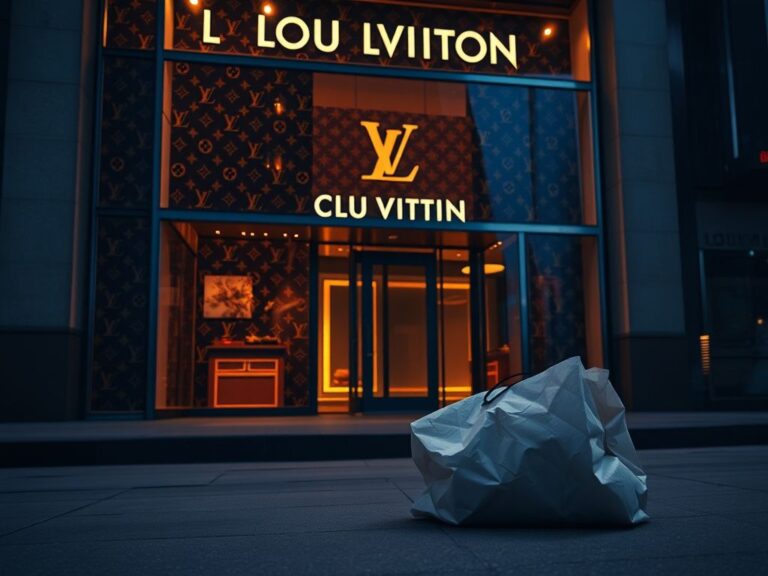 Flick International A luxurious Louis Vuitton storefront in Sydney at dusk, showcasing rich textures and the iconic LV monogram.