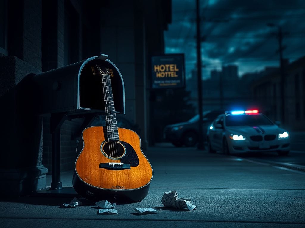 Flick International Battered acoustic guitar leaning against a hotel mailbox in a dimly lit urban scene