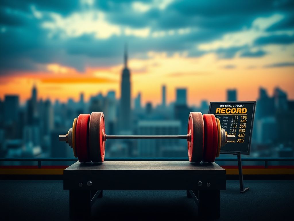 Flick International Empty weightlifting platform with a barbell and blurred NYC skyline in the background