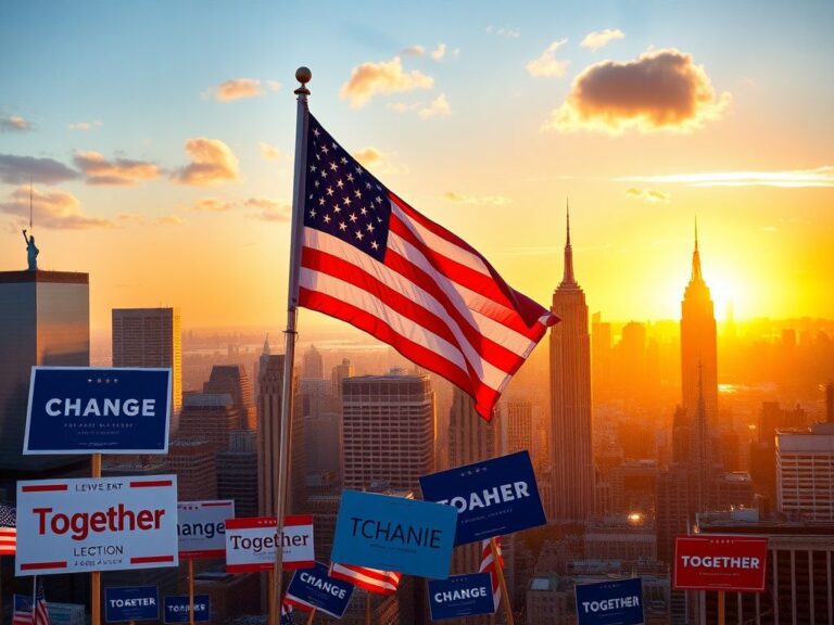 Flick International Vibrant New York City sunset with American flag and campaign signs