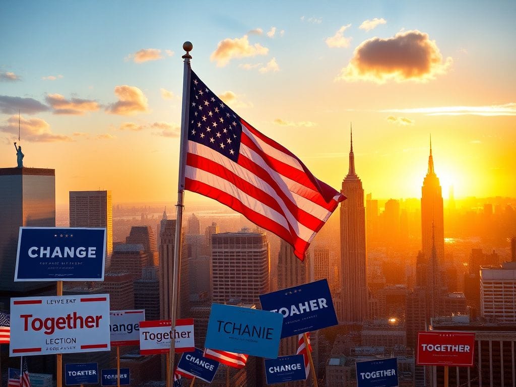 Flick International Vibrant New York City sunset with American flag and campaign signs