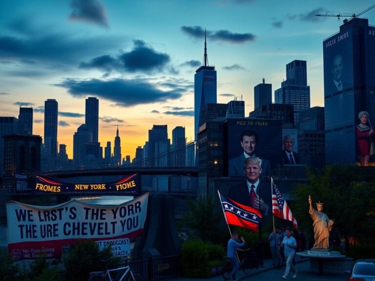 Flick International A vibrant twilight cityscape of New York City showcasing the Brooklyn Bridge and skyscrapers, symbolizing political change.