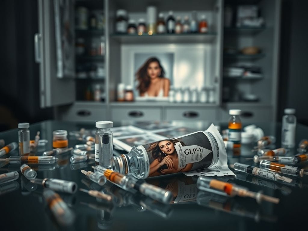 Flick International A dimly lit room with a glass table filled with empty GLP-1 medication vials and used needles, illustrating struggles with addiction.