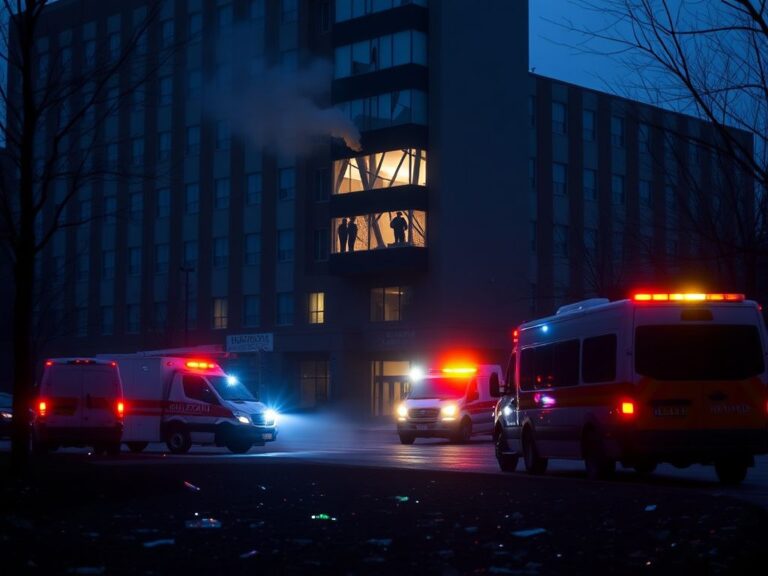 Flick International Exterior view of the Goldenson building at Harvard's Longwood campus with smoke rising from a shattered window indicating an explosion