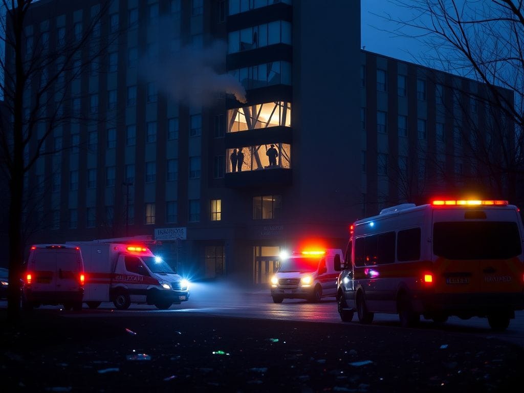 Flick International Exterior view of the Goldenson building at Harvard's Longwood campus with smoke rising from a shattered window indicating an explosion