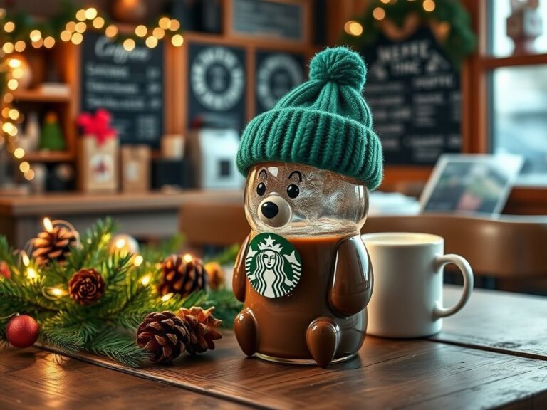 Flick International Cozy winter scene with Starbucks holiday bear cup surrounded by festive decorations
