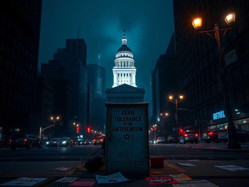 Flick International Dark urban landscape of New York City at night with an illuminated city hall and a worn-out tip box for antisemitism awareness.