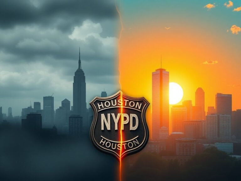 Flick International A contrasting image depicting New York City's skyline with a moody atmosphere alongside Houston's sunny skyline illustrating opportunity.