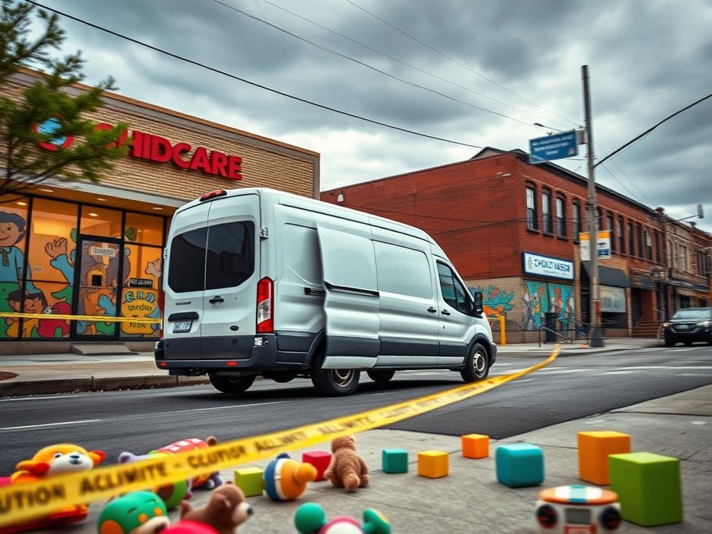 Flick International A vibrant street corner in Chicago featuring a colorful childcare center and an unmarked white van.