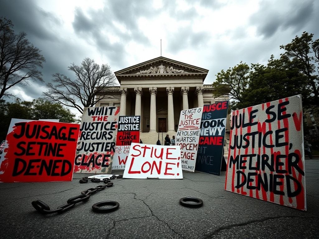 Flick International Protest signs demanding justice outside a courthouse