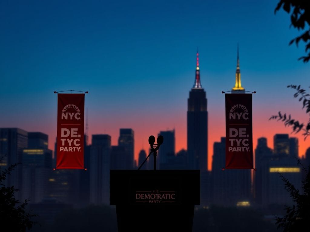 Flick International Twilight city skyline of New York with an empty press conference podium representing political change
