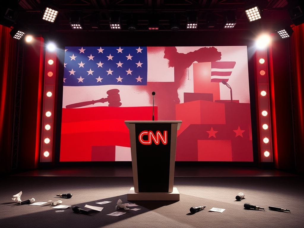 Flick International Empty stage set for a CNN town hall meeting featuring a podium and political backdrop