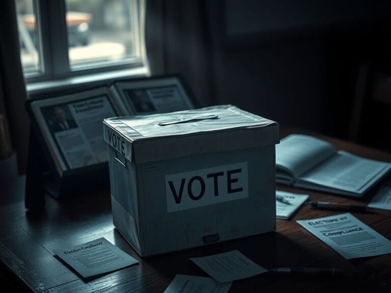 Flick International Close-up shot of a weathered ballot box with a 'VOTE' label, surrounded by election pamphlets and pens