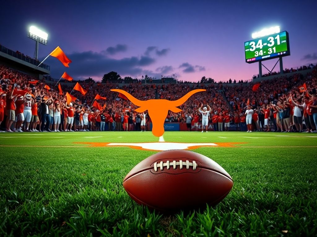 Flick International A dynamic football field featuring the Texas Longhorns logo with cheering fans in the background during a game.