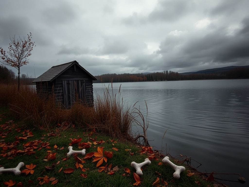 Flick International A dark and moody scene with a tranquil lake and an old wooden shed, evoking tension and mystery.