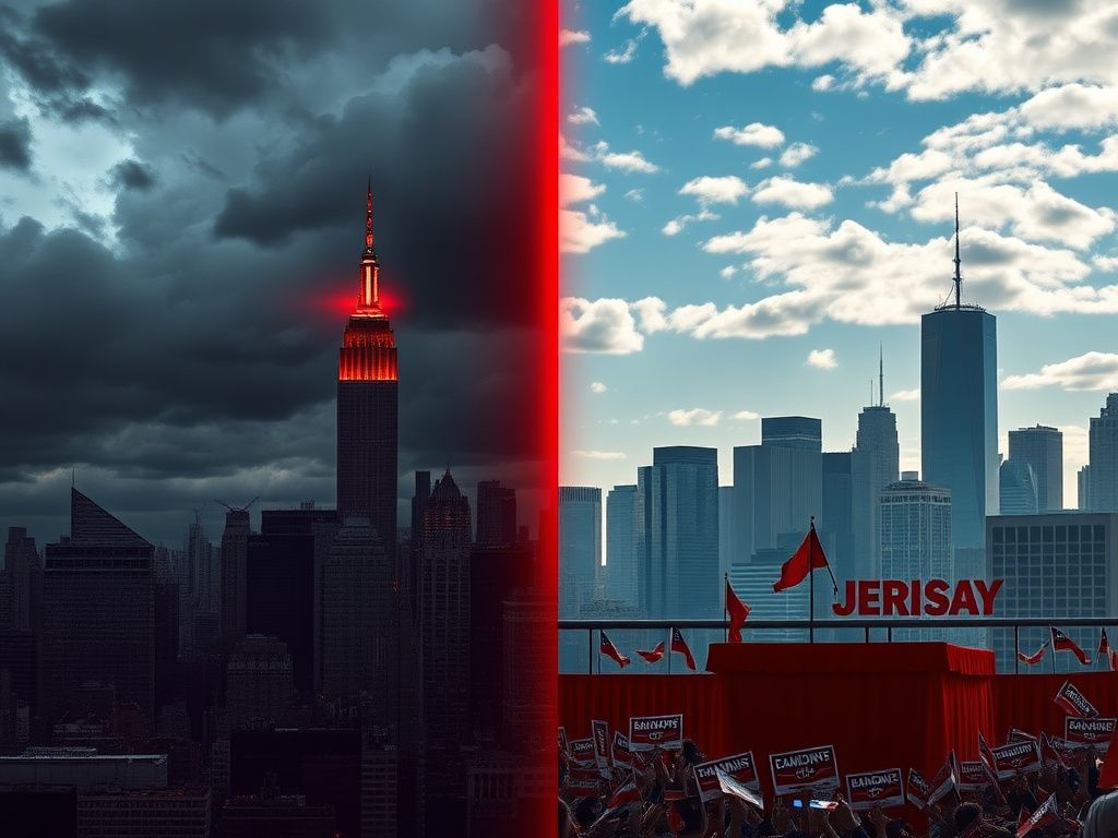 Flick International Split view of contrasting urban landscapes depicting political tension; dark NYC skyline on one side and sunny NJ skyline on the other.