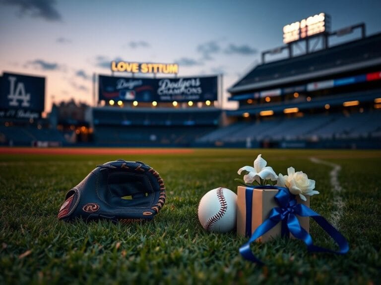 Flick International A serene twilight baseball field at Dodger Stadium with a baseball glove, ball, and unopened gift box symbolizing absence.