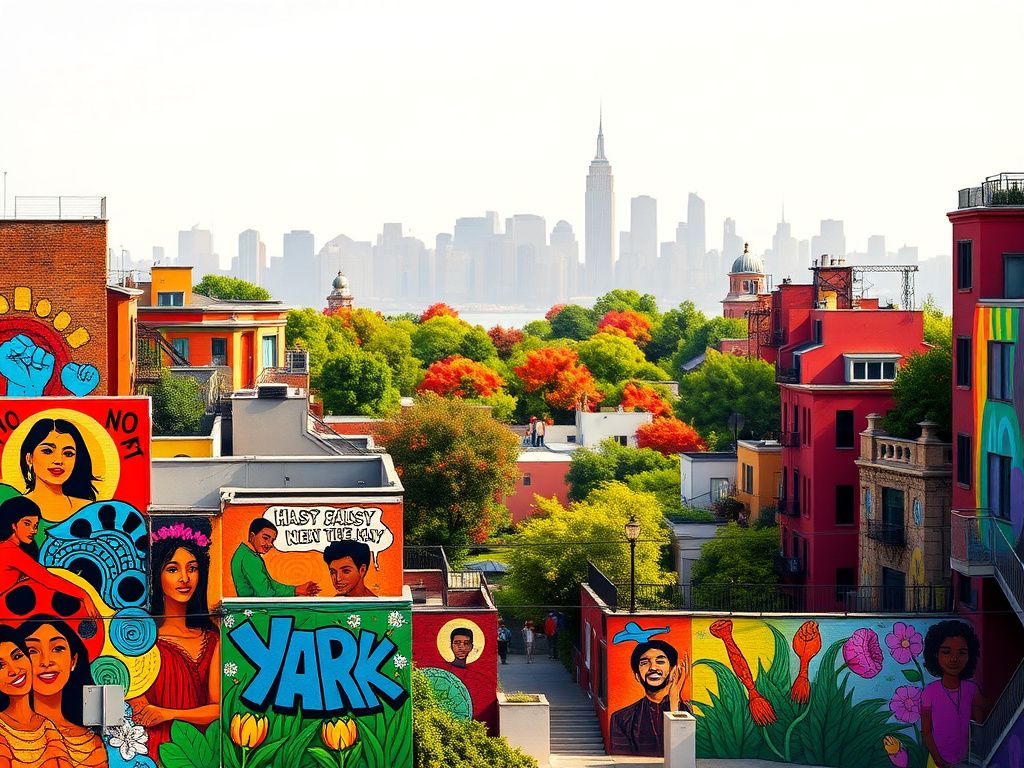Flick International Vibrant urban scene depicting a multicultural New York City landscape with colorful murals celebrating diversity