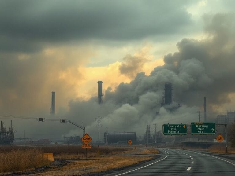 Flick International Aftermath of an explosion at a Mississippi chemical plant amidst gray smoke and debris