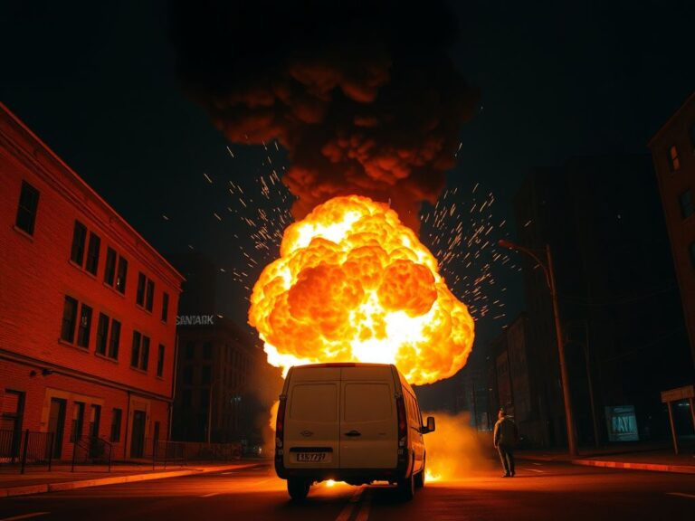 Flick International Massive fireball erupting from a white commercial van in the Bronx at night