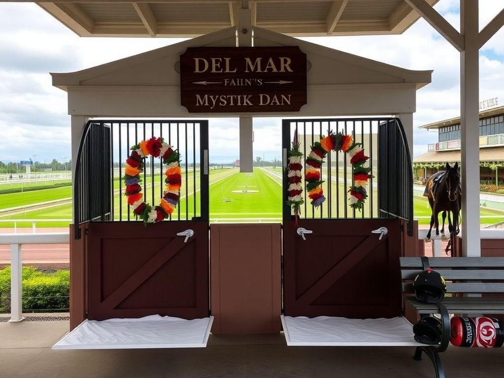 Flick International Serene scene at the Del Mar Fairgrounds with empty horse stalls and race garlands