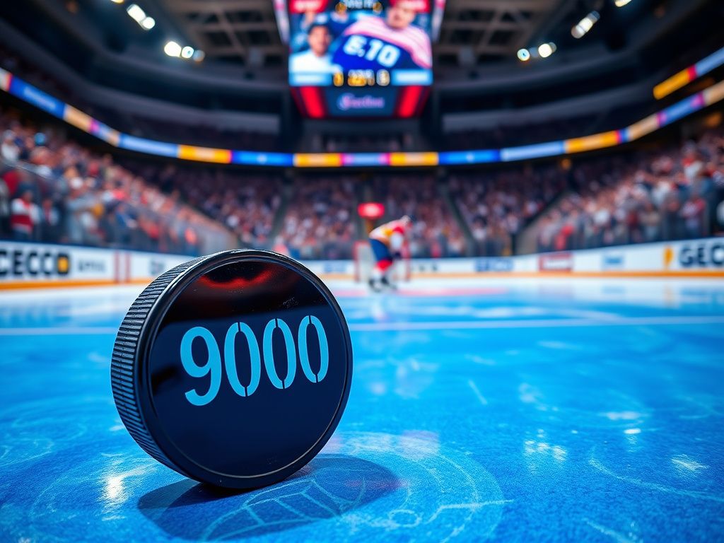 Flick International A shiny black hockey puck on blue ice, marked with the number '900'