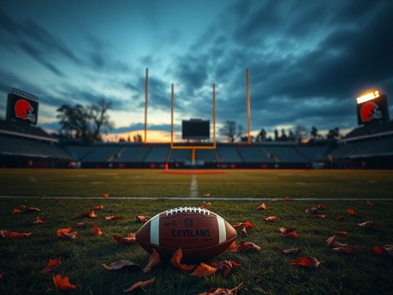 Flick International A deserted football field at dusk with Cleveland Browns branding on the goalposts and a single football on the ground