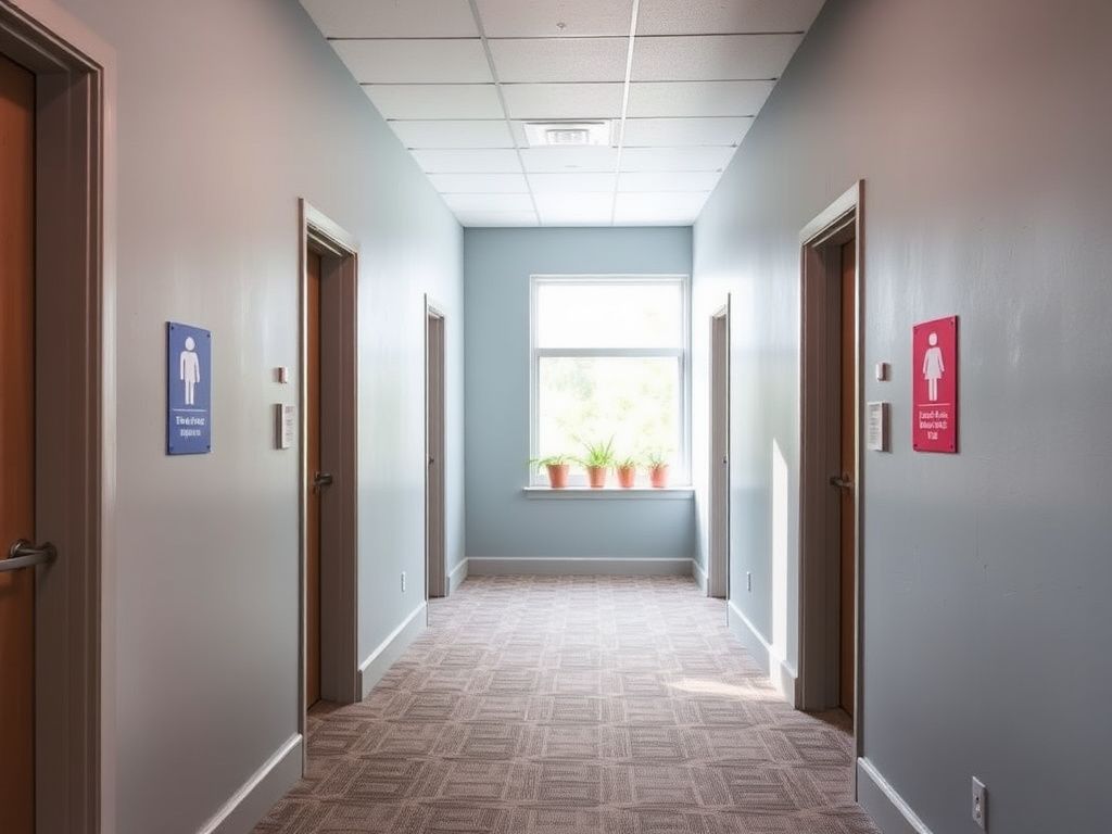 Flick International Serene college dormitory corridor with gender-specific bathroom signage and soft natural lighting.