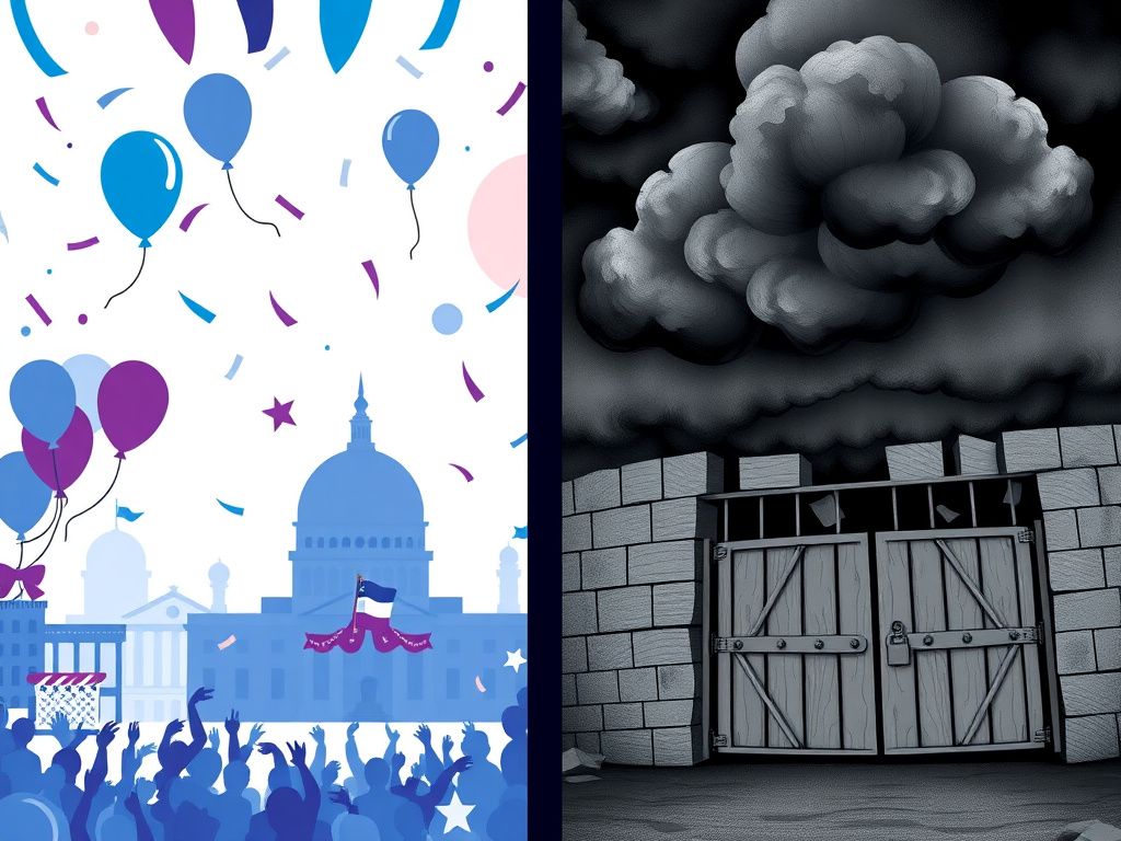 Flick International Split image contrasting a vibrant celebration of Democratic victories with a shadowy depiction of Trump's waning influence