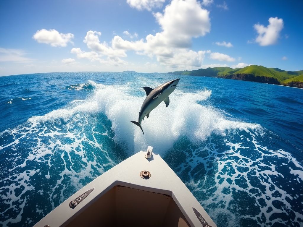 Flick International Mako shark leaping mid-air above a fishing boat in New Zealand's vibrant ocean