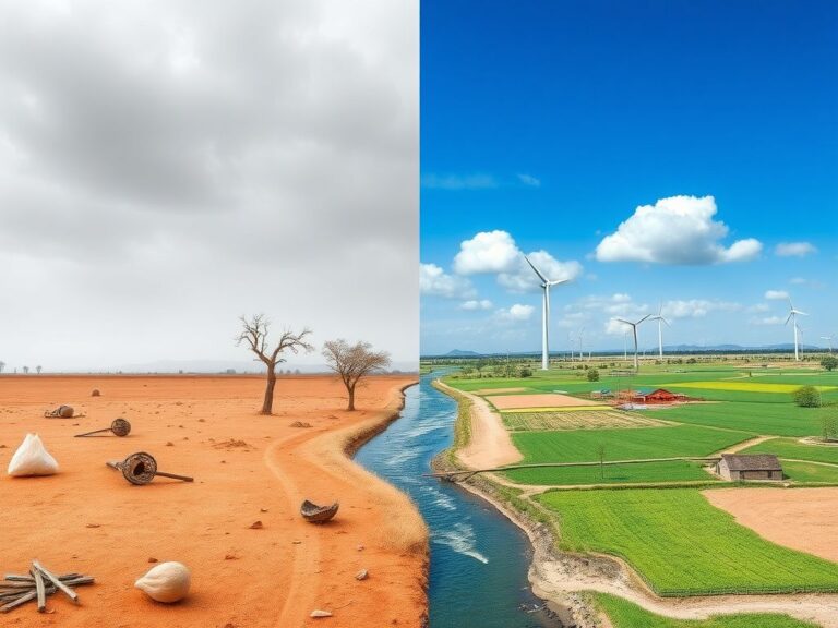 Flick International A split-scene image depicting contrasting landscapes of poverty and climate change, showing an arid area with a withered tree on one side and a vibrant landscape with renewable energy on the other.