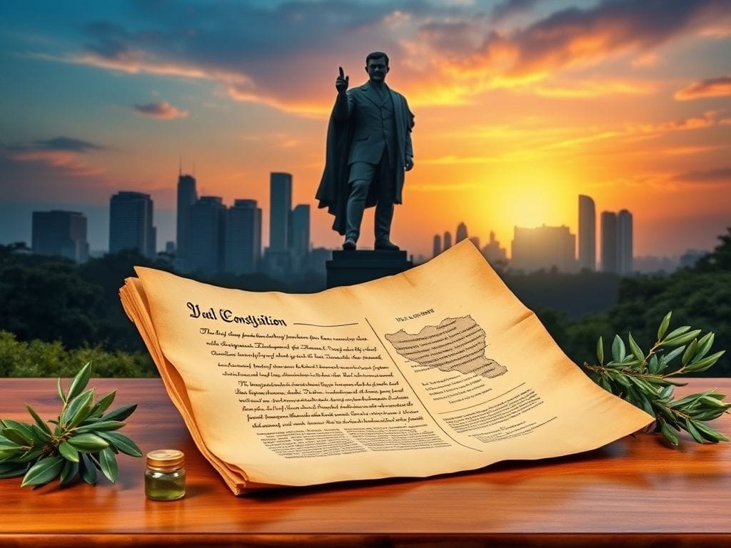 Flick International A powerful landscape with an ancient scroll and a silhouette of General Douglas MacArthur against a modern skyline