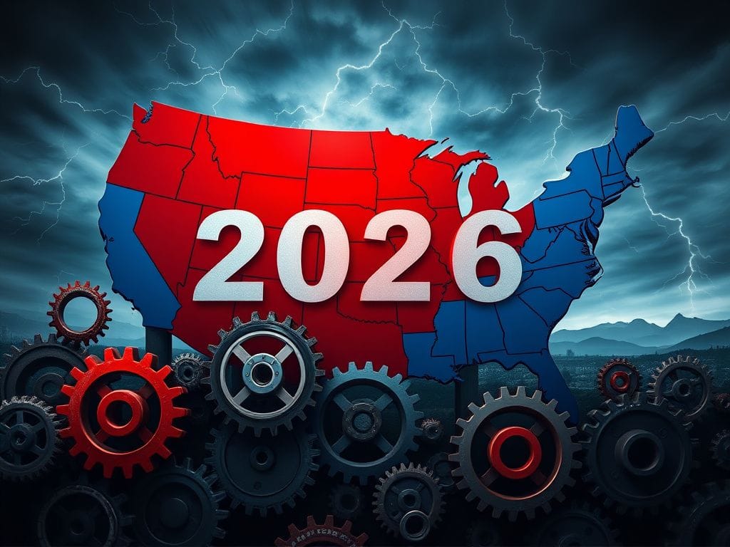 Flick International A dramatic stylized U.S. map divided into red and blue sections with gears and election symbols.