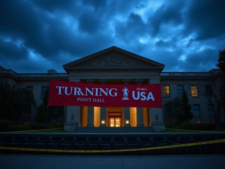 Flick International Somber dusk scene at UC Berkeley showing Zellerbach Hall with a Turning Point USA banner