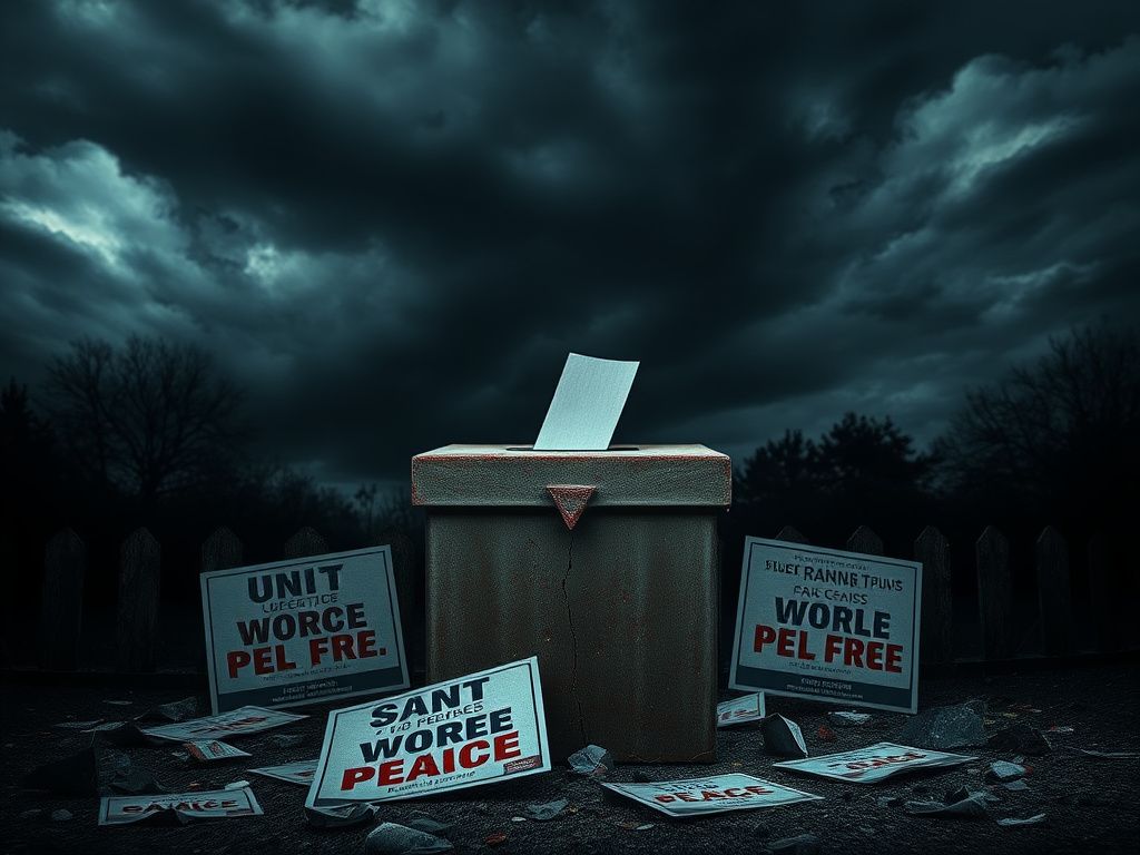 Flick International Dark and stormy political landscape with a cracked ballot box symbolizing electoral threat