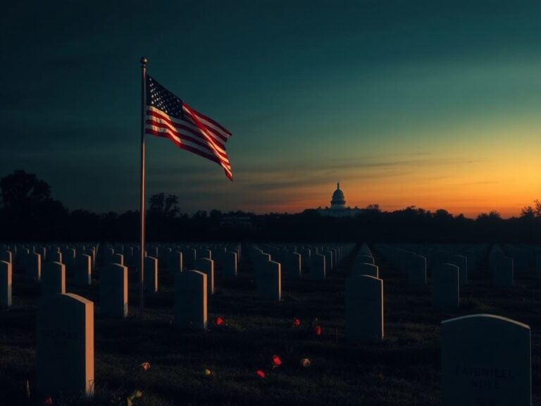 Flick International Empty military graveyard at twilight with an American flag