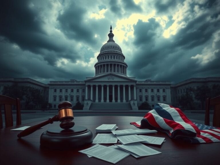 Flick International U.S. Capitol building with storm clouds and a gavel on a Senate desk