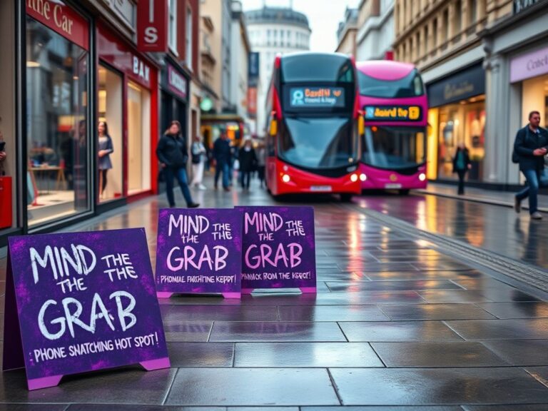 Flick International Vibrant Oxford Street scene with 'Mind the Grab' chalk signs warning of phone theft.