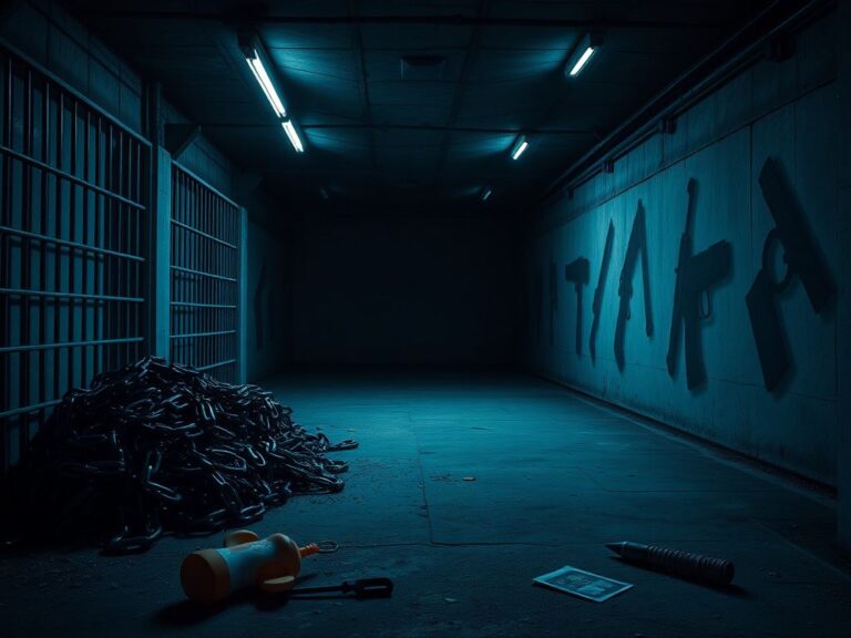 Flick International Dark and intense underground detention facility with metal bars and concrete walls