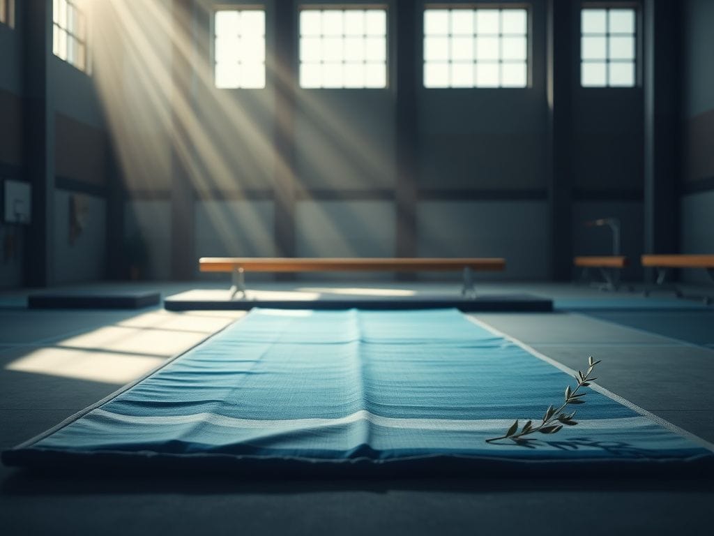 Flick International Empty training mat in a gymnasium symbolizing the struggles of Team Israel gymnasts