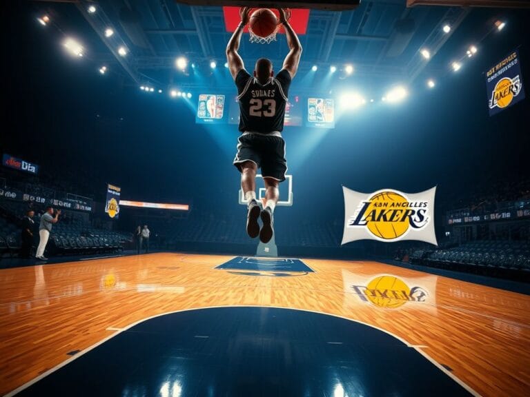 Flick International Victor Wembanyama mid-dunk over Bronny James during a basketball game