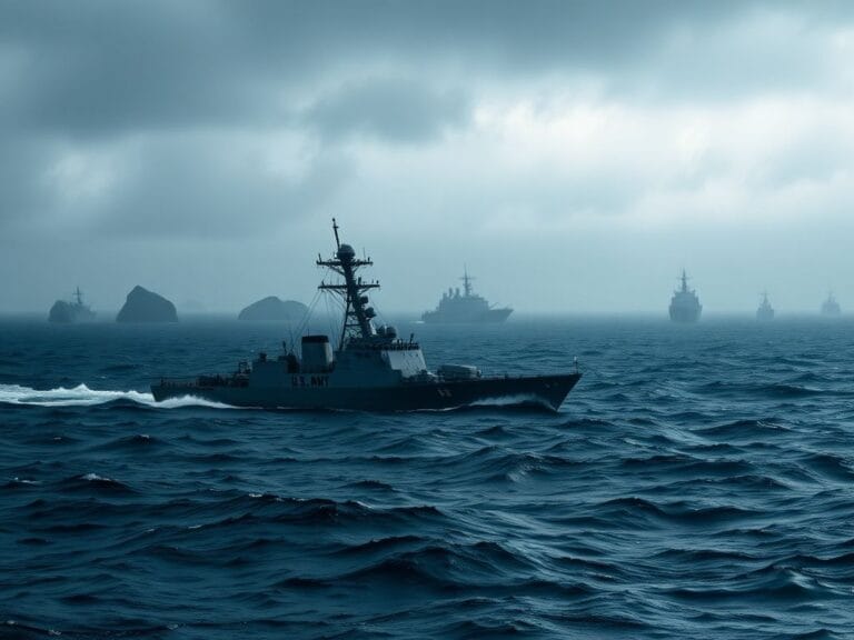 Flick International U.S. Navy guided-missile destroyer navigating turbulent ocean waters in the Indo-Pacific region