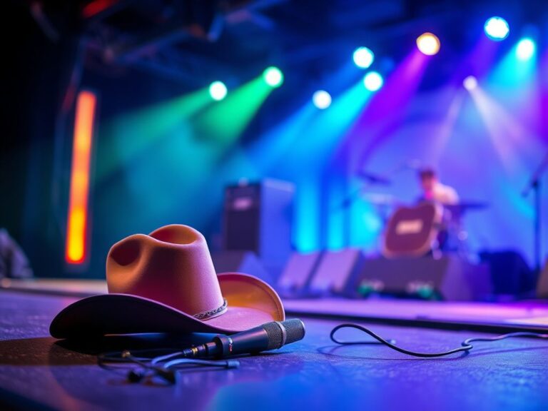 Flick International Country singer Gavin Adcock's fallen cowboy hat and microphone on stage after a concert mishap