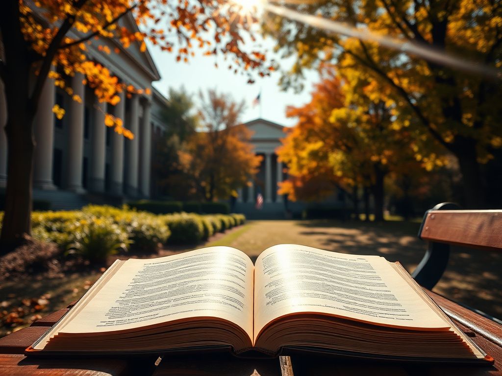 Flick International Tranquil outdoor scene of a historic university building surrounded by vibrant autumn trees