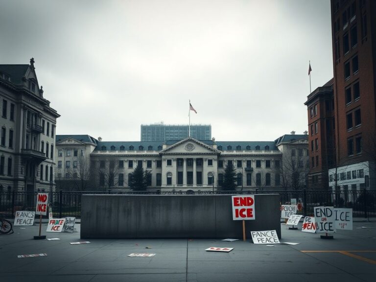 Flick International A stark urban scene of the University of Chicago campus with architectural details and protest signs.